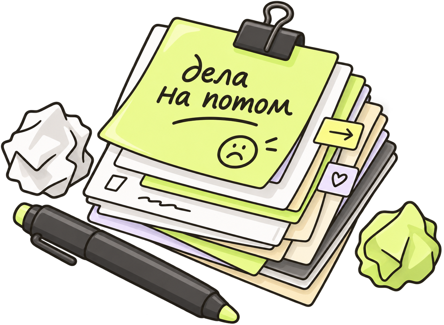 Стопка бумажных дел «на потом» с недовольным смайликом